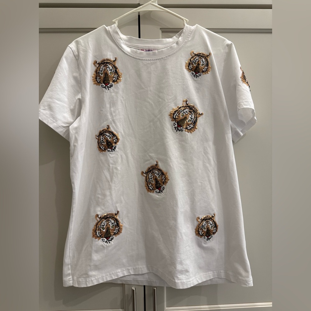 Sequin Tiger White Tee - Sparkle City